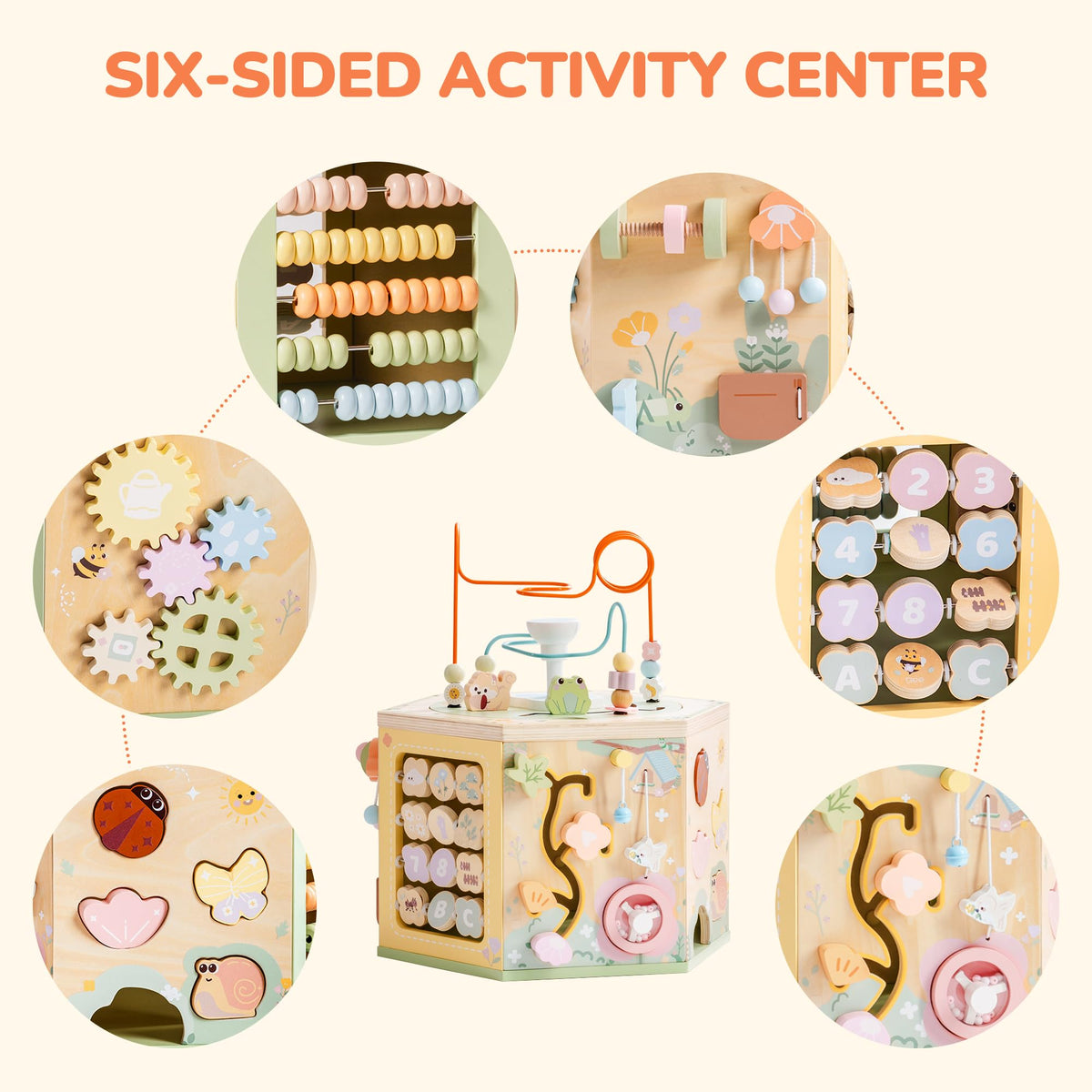 ROBOTIME Wooden Activity Cube for Toddlers, 13 in 1 Montessori Baby Activity Cube, Baby Play Cube
