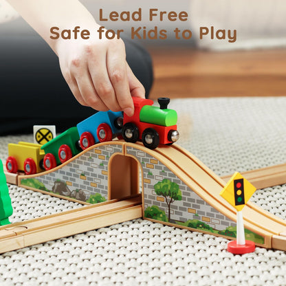 SainSmart Jr. Wooden Train Set for Toddler with Double-Side Train Tracks Fits Brio, Thomas, Melissa