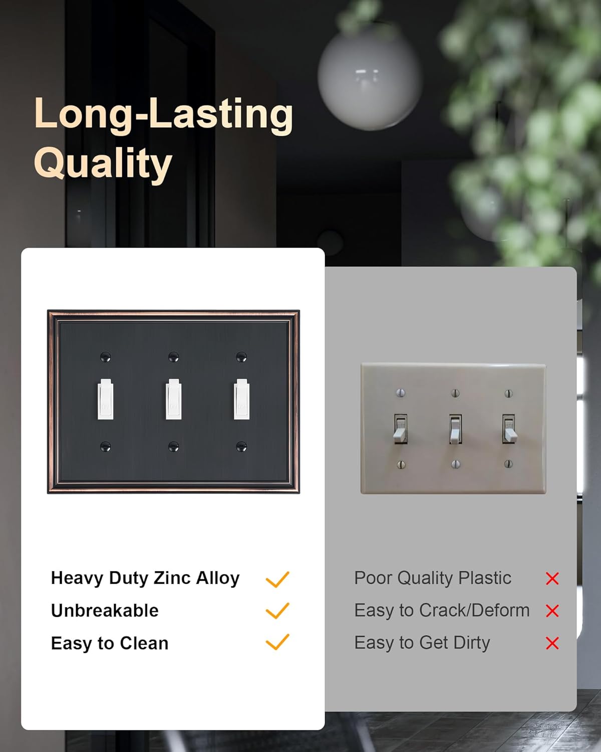 2-Pack Triple Toggle Light Switch Cover Plate, Durable Solid Zinc Alloy Decorative Switch Plate