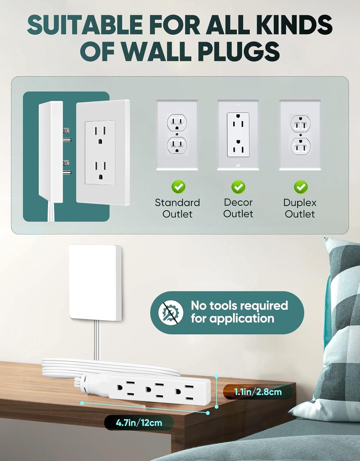 Outlet Concealer Power Strip-Outlet Cover Extender with 3AC Outlets-10ft Flat Plug Extension
