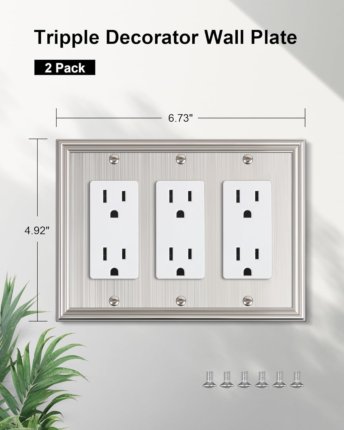 2-Pack Decorative Tripple Decorator Outlet Cover Plate, Durable Zinc Alloy Brushed Nickel Wall