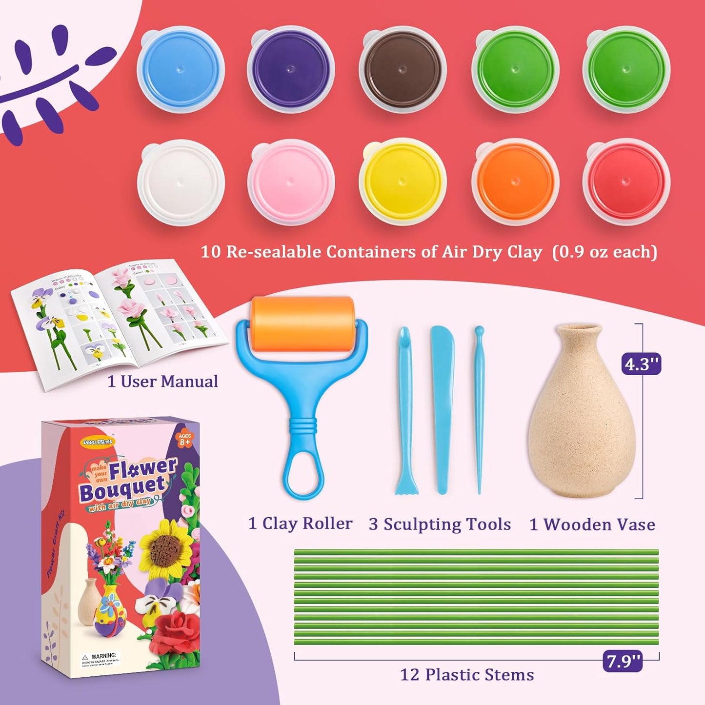 Drama Planet Flower Craft Kit for Kids, Make Your Own Flower Bouquet with Air Dry Clay, Arrange