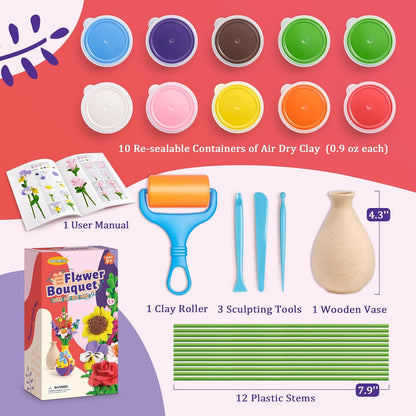 Drama Planet Flower Craft Kit for Kids, Make Your Own Flower Bouquet with Air Dry Clay, Arrange