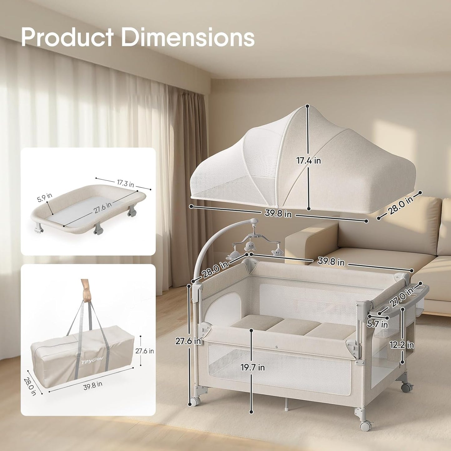 4 in 1 Baby Bassinet, Pack and Play, Bedside Crib Sleeper, Diaper Changer, Quickly Assembled and