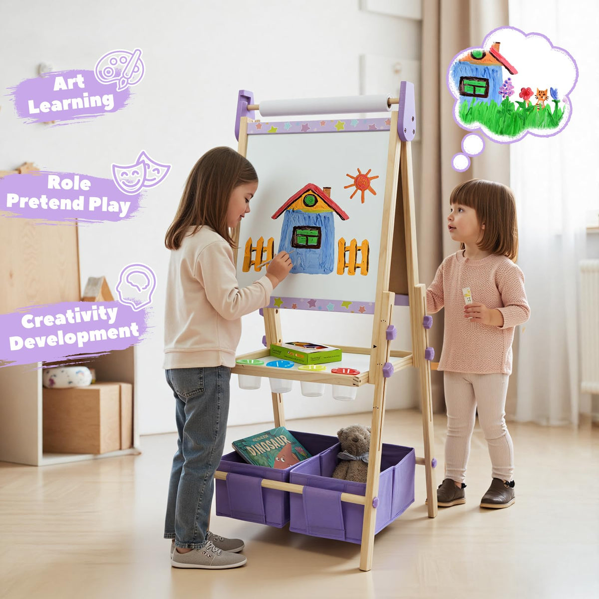 3-in-1 Kids Art Easel Set, Height Adjustable Magnetic Whiteboard & Chalkboard with Painting Paper