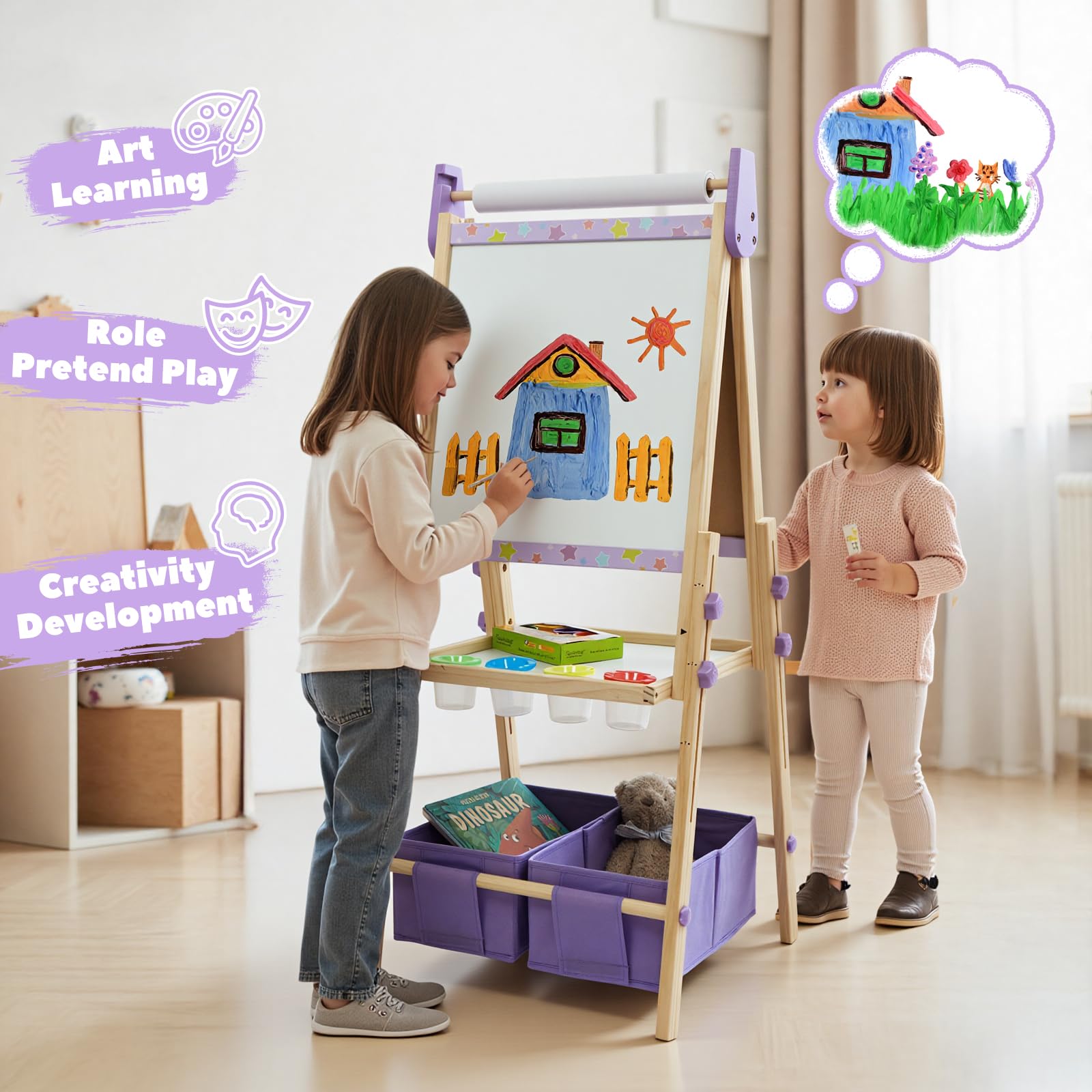 3-in-1 Kids Art Easel Set, Height Adjustable Magnetic Whiteboard & Chalkboard with Painting Paper