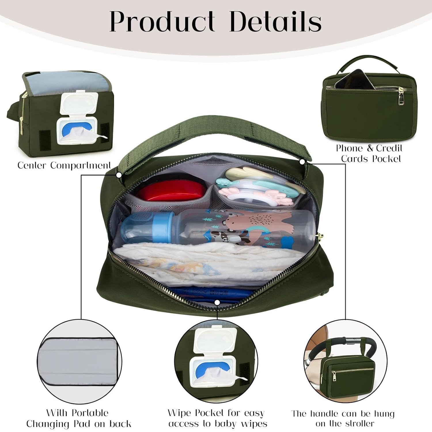 printe Small Diaper Bag with Portable Changing Pad, Crossbody Diaper Bag Pack with Wipes Pocket