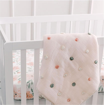 Crane Baby Soft Cotton Muslin Nursery Blanket with Pom Pom Trim, 36" X 36", Stroller Blanket for
