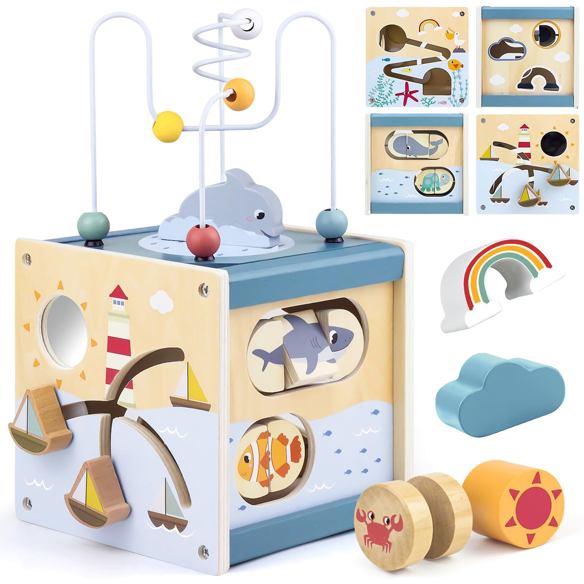 Airlab Wooden Activity Cube Montessori Toys for Boys Girls, Ocean