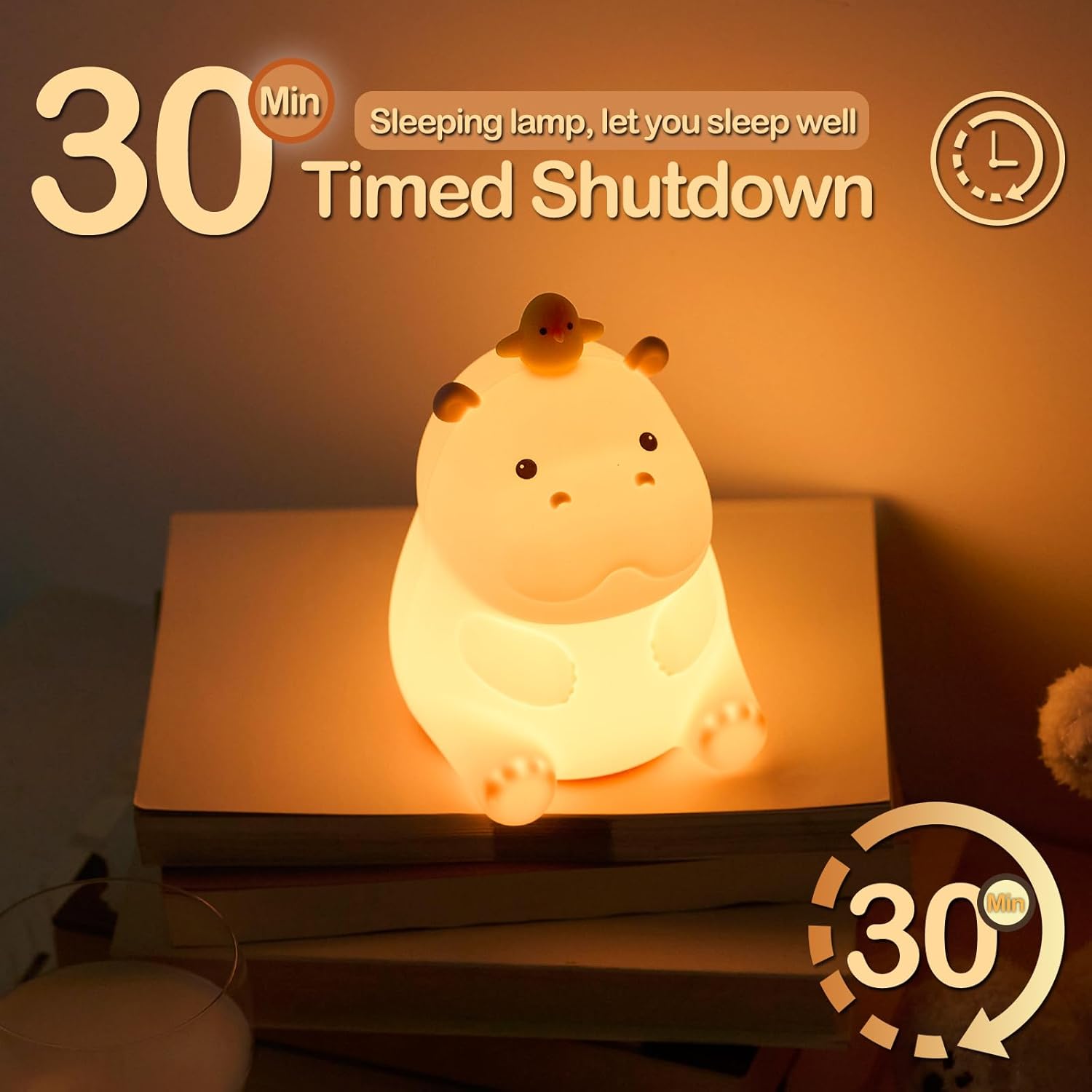 ATSUI Hippo Night Light, LED Squishy Novelty Animal Lamp, Food Grade Silicone, 2 Level Dimmable