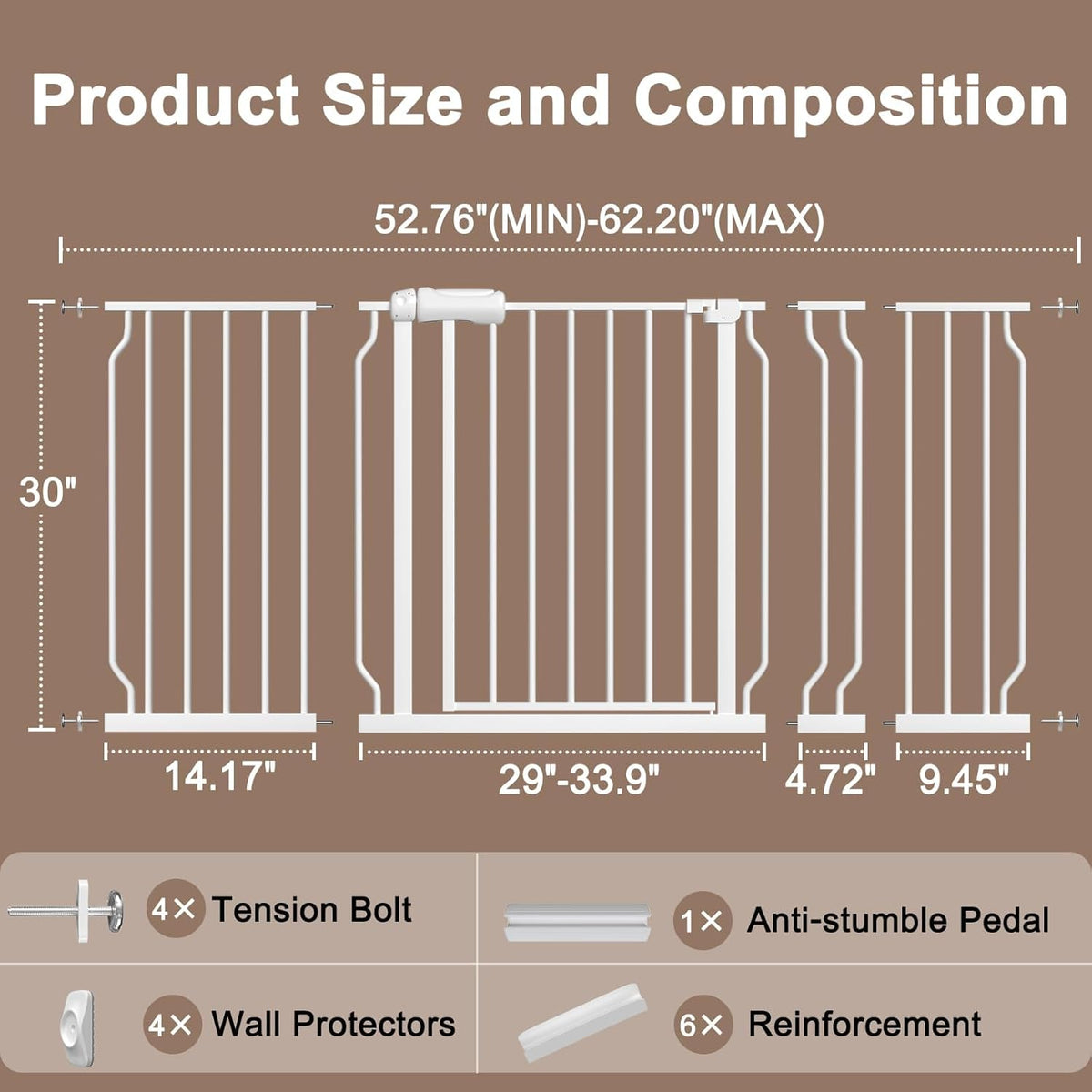 WAOWAO Baby Gate 52.76-62.2" Extra Wide Pressure Mounted Walk Through Swing Auto Close Safety White