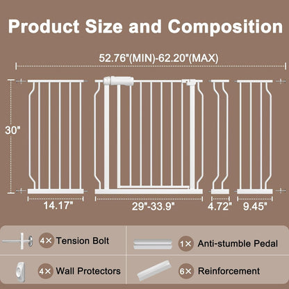 WAOWAO Baby Gate 52.76-62.2" Extra Wide Pressure Mounted Walk Through Swing Auto Close Safety White