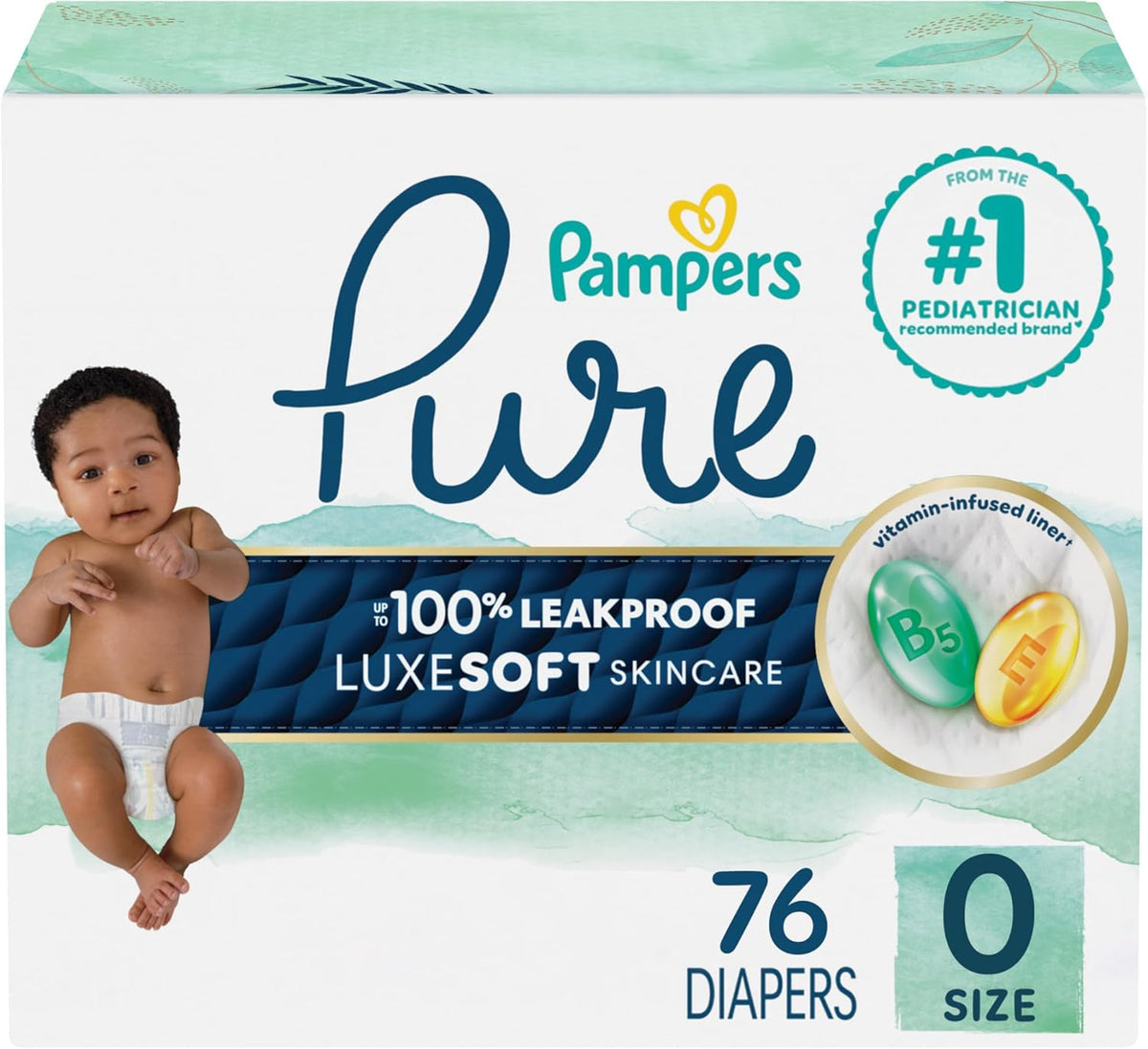 Pampers Pure Protection Baby Diapers, Size 0 (>10 lbs), 76 Count, Up to 100% Leakproof, Premium