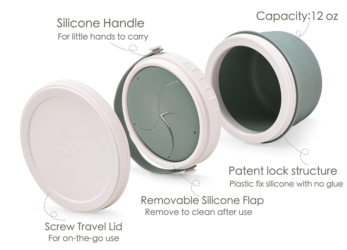 No Spill Silicone Toddler Snack Containers, Detachable Silicone Flap for Filling&Cleaning