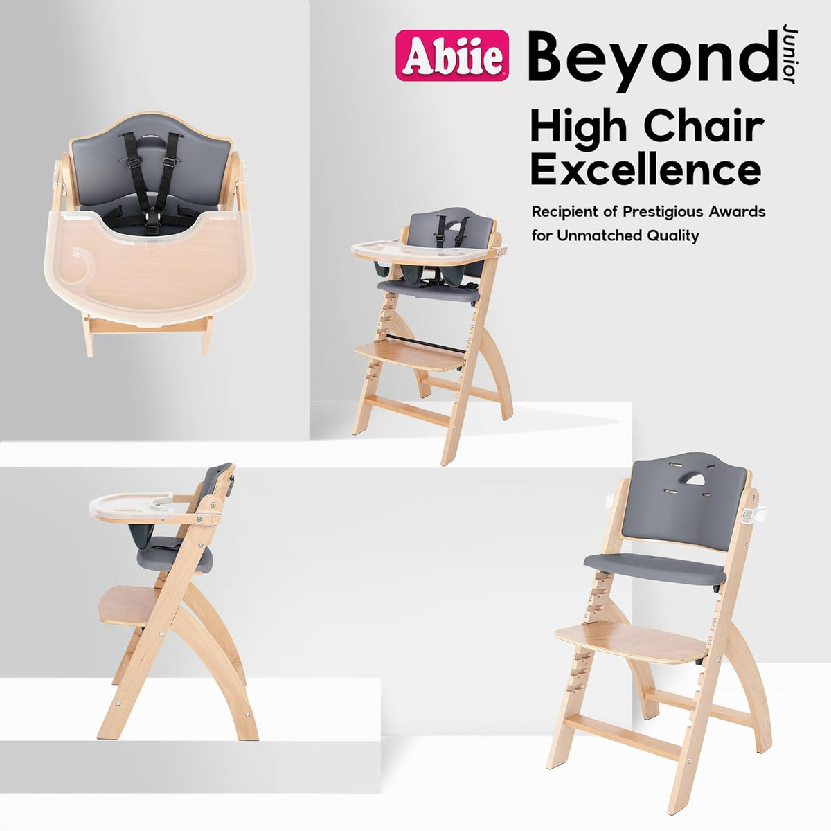 Abiie Beyond Junior Wooden High Chair with Tray - Adjustable and Convertible High Chair for Babies