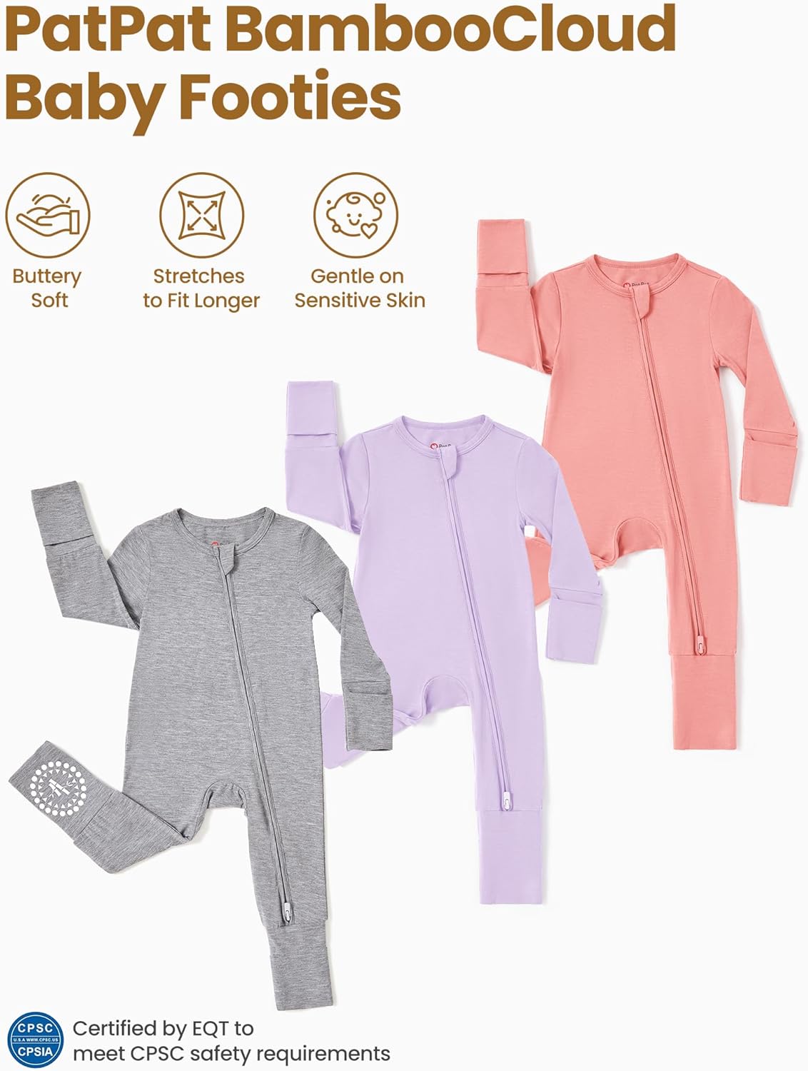 PATPAT Baby Footies Boys Girls - Bamboo Viscose - Zipper & Non-Slip Soles Romper Mitten - Footed &