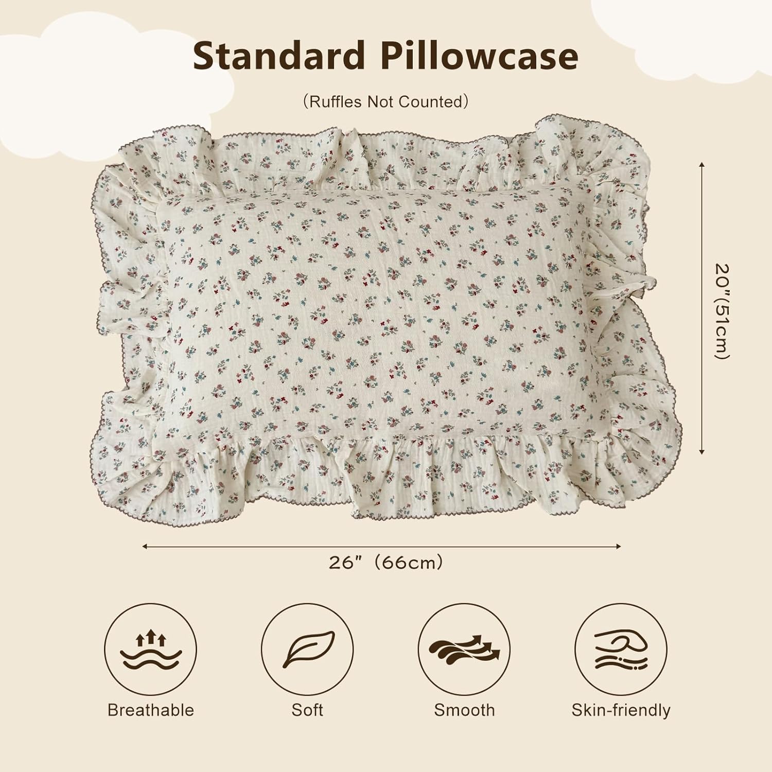 BuLuTu Girls Boys Kids Pillowcase Standard Size, Floral Pattern, 20"x26", 1 pc, Soft Breathable