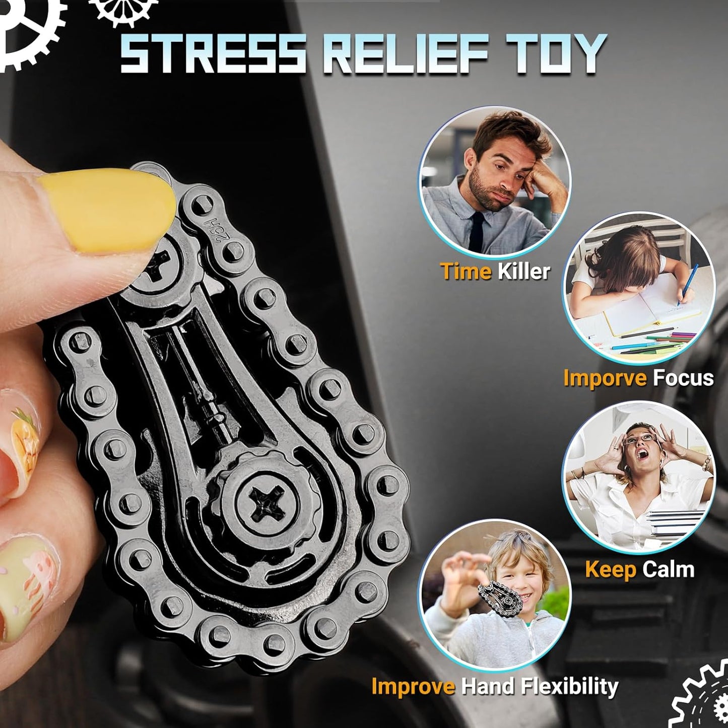 Cool Sprockets Fidget Bike Chain Hand Roller for Anxiety Relief, Assemble Fidget Spinner Ring Toy