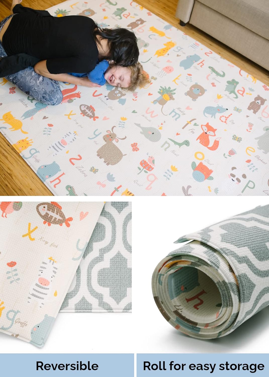 Baby Care Play Mat (Large, Moroccan - Blue) 82'' x 55'' Original One-Piece Reversible Rollable