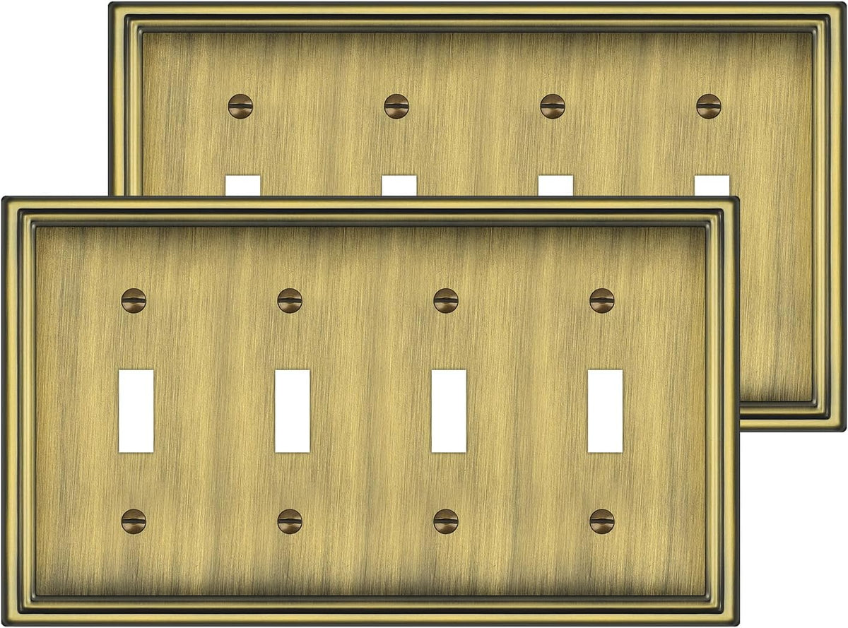 2 Pack Quad Toggle Light Switch Covers Plate, Antique Brass Metal Material Switch Plate Covers, 4