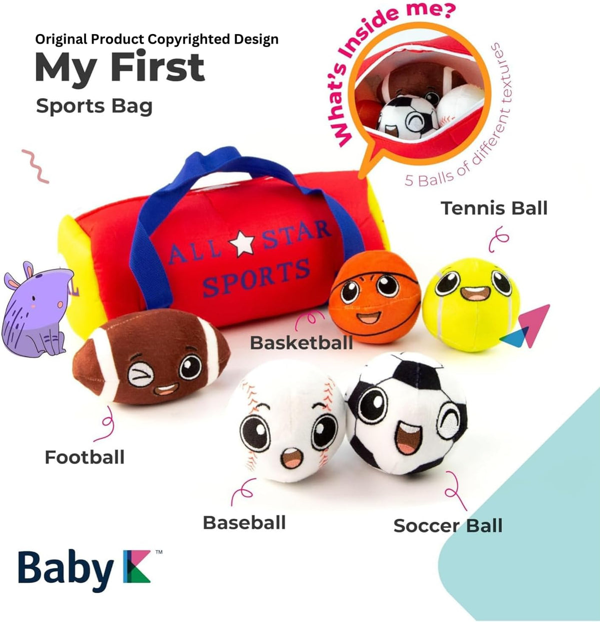 My First Sports Bag with 5 Plush Sports Balls - Rattle Ball with Sound - Sensory Toys for 1 Year