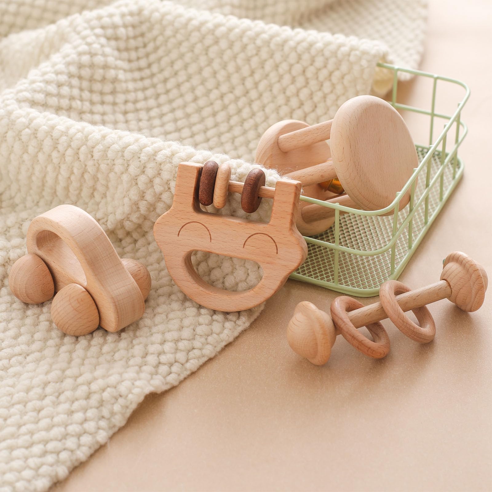 Chriswell Wooden Baby Rattle Set, Newborn Wooden Rattle Toy, Natural Wooden Montessori Baby Grip