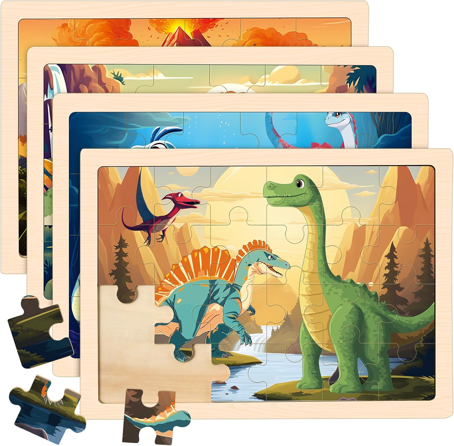 Wooden Dinosaurs Puzzles for Kids Age 3 4 5 Year Old, 4 Pack 24 Pcs Montessori Toddler Jigsaw