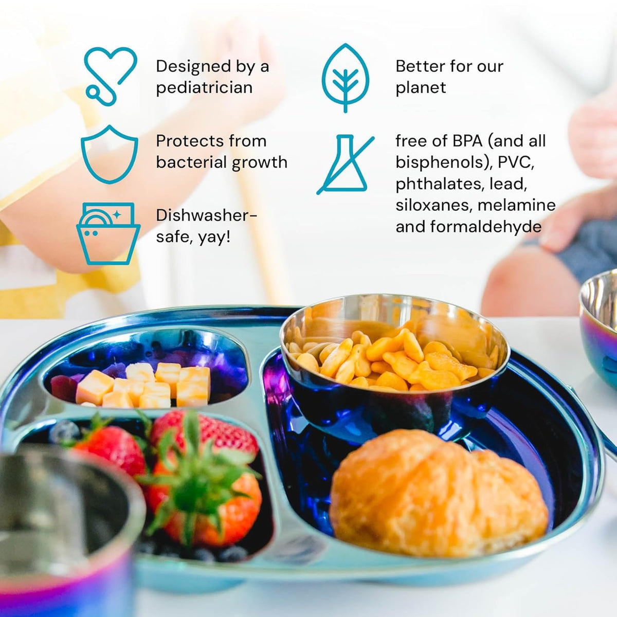 Ahimsa Stainless Steel Plates for Kids - Divided Plates for Toddlers, Pediatrician Designed, Non