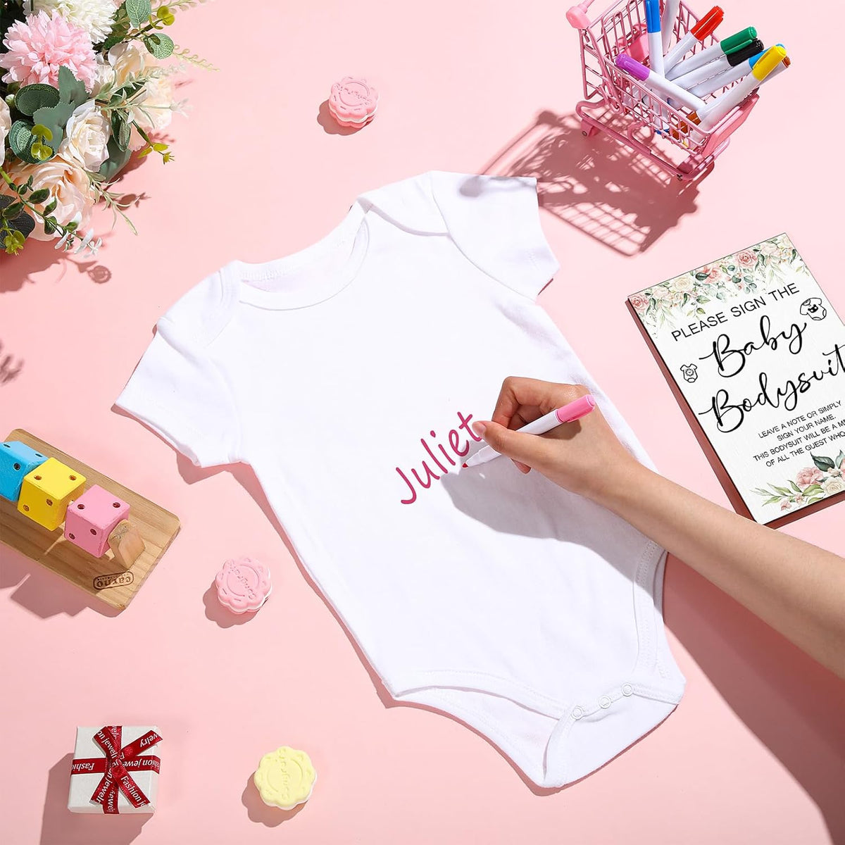Qunclay 12 Pcs Baby Bodysuit Baby Shower Game Include 1 Game Wooden Sign Tabletop Decor 1 White