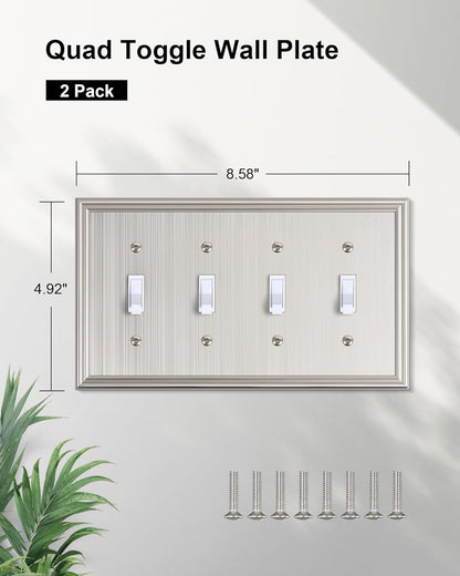 2-Pack Quad Toggle Light Switch Cover Plate, Durable Zinc Alloy Decorative Switch Plate Covers
