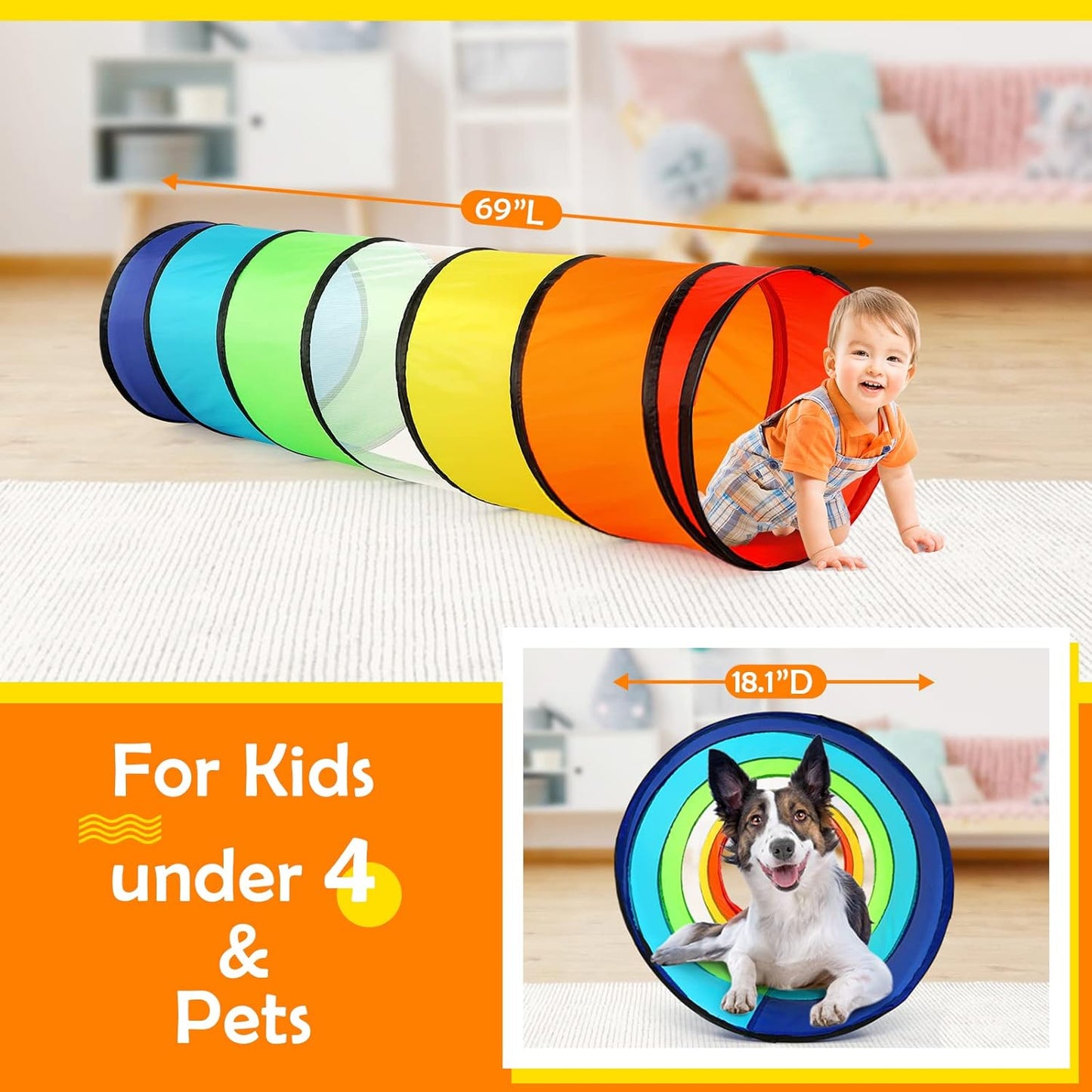 Kids Play Tunnel Tent for Toddlers, Colorful Pop Up Crawl Tunnel Toy for Baby or Pet with