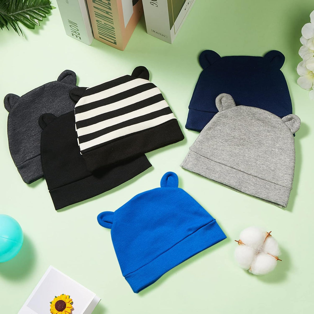 Geyoga 6 Pieces Newborn Baby Hat Bear Ears Infant Caps Baby Boy Girl Toddler Hats Infant Beanie