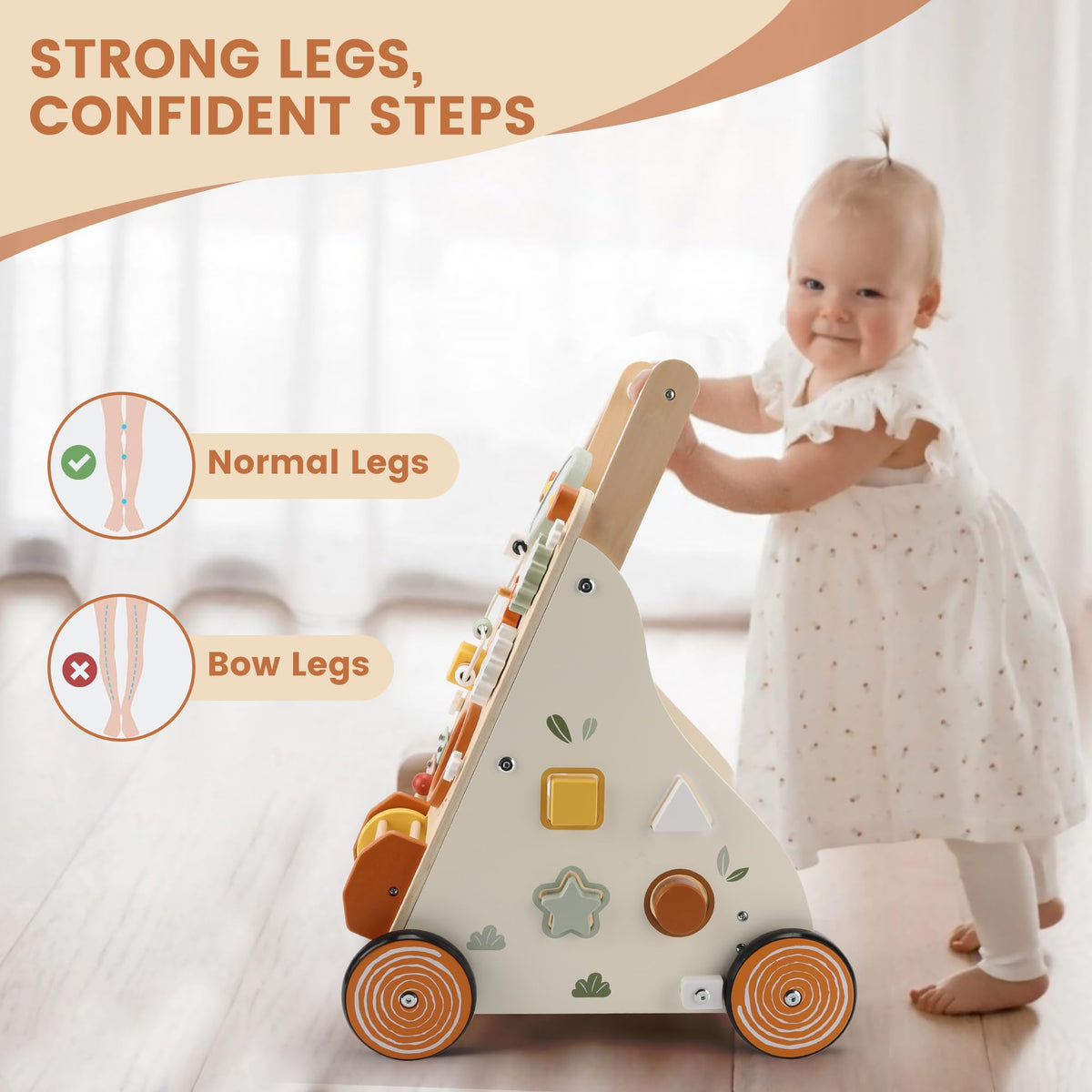 Pithfor Wooden Baby Walker, Baby Push Walker with Activity Center for Girls Boys, Montessori Push