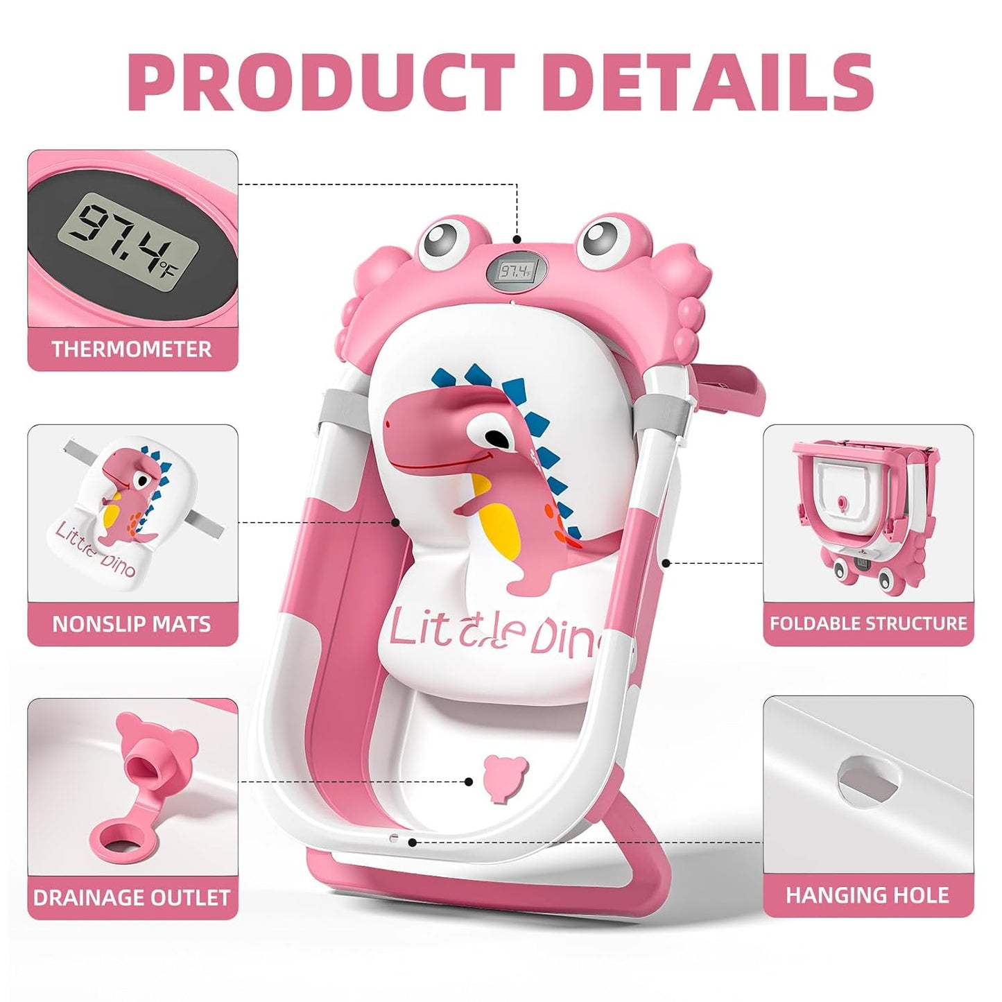 Collapsible Baby Bathtub for Newborns to Toddler with Real-time Temp Monitor & Floating