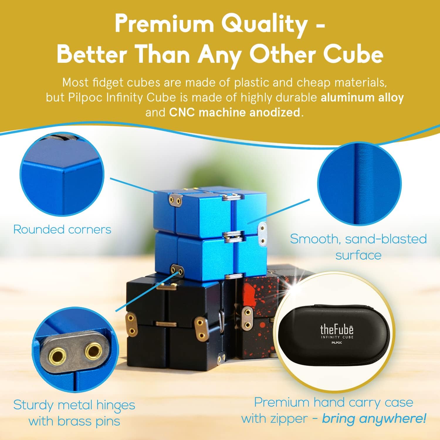 PILPOC theFube Infinity Cube Fidget Desk Toy - Aluminum Infinite Magic Cube with Case, Sturdy