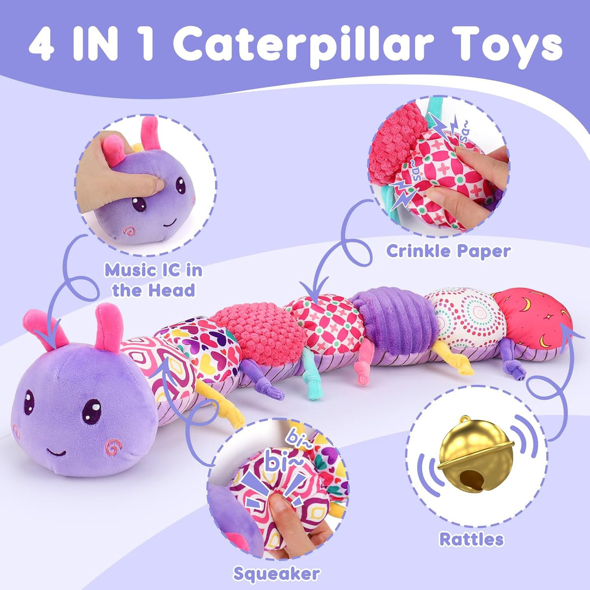 Baby Girl Toys 0-3-6 Months Musical Stuffed Animals Plush Caterpillar Toy with Crinkle Rattles