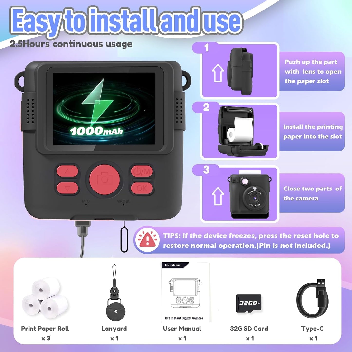 Kids Camera Instant Print, Christmas Birthday Gifts for Kids Age 3-12, Selfie Digital Camera with