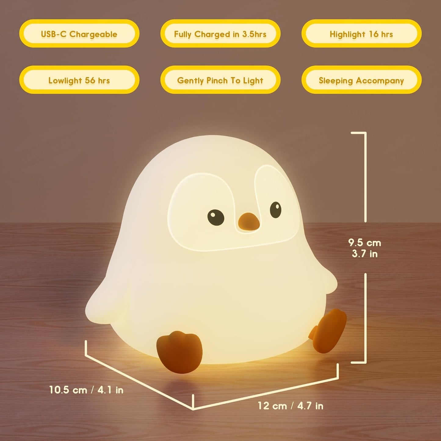 UNEEDE Sitting Penguin Night Light with Removable Floppy Bunny Ears - Silicone Touch Lamp, USB