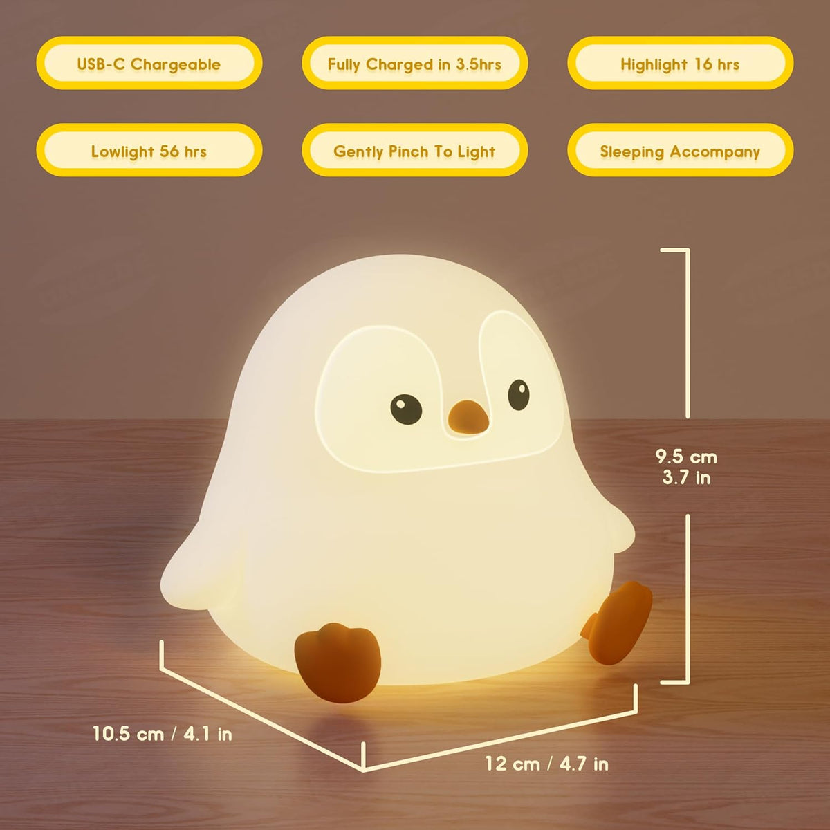 UNEEDE Sitting Penguin Night Light with Removable Floppy Bunny Ears - Silicone Touch Lamp, USB