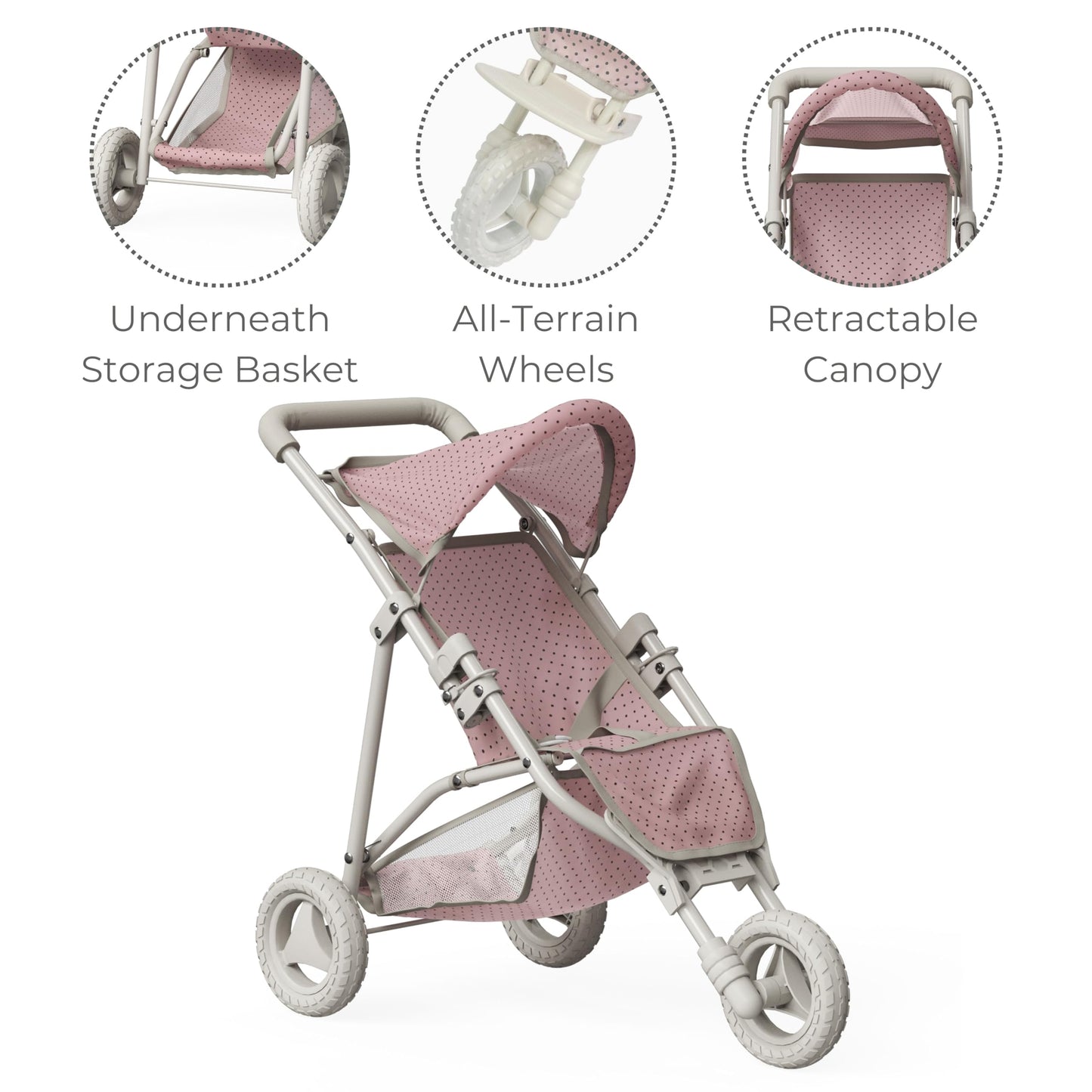 Olivia's Little World Doll Jogging-Style Stroller with Canopy, Storage Underneath, Pink and Cream