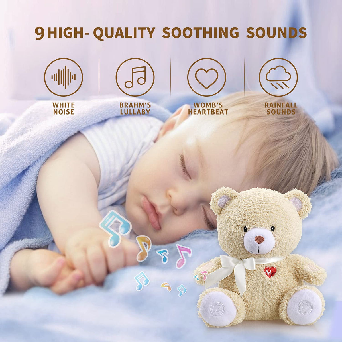 BEREST Sleeping Bear Baby Sleep Soother- Mom's Heartbeat White Noise Machine Infant Stuffed Animal