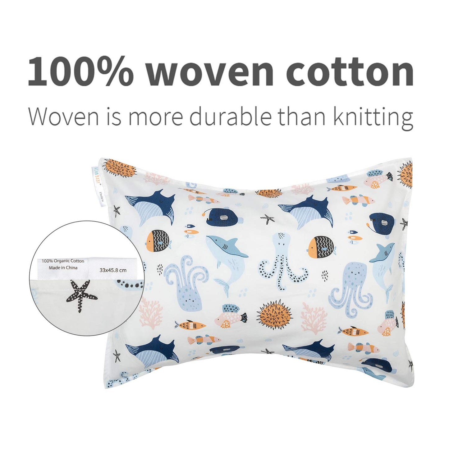 ALVABABY Toddler Pillowcases, Fits 14x20 in Kids Pillow, 2 Pack Organic Cotton Baby Pillow Cover