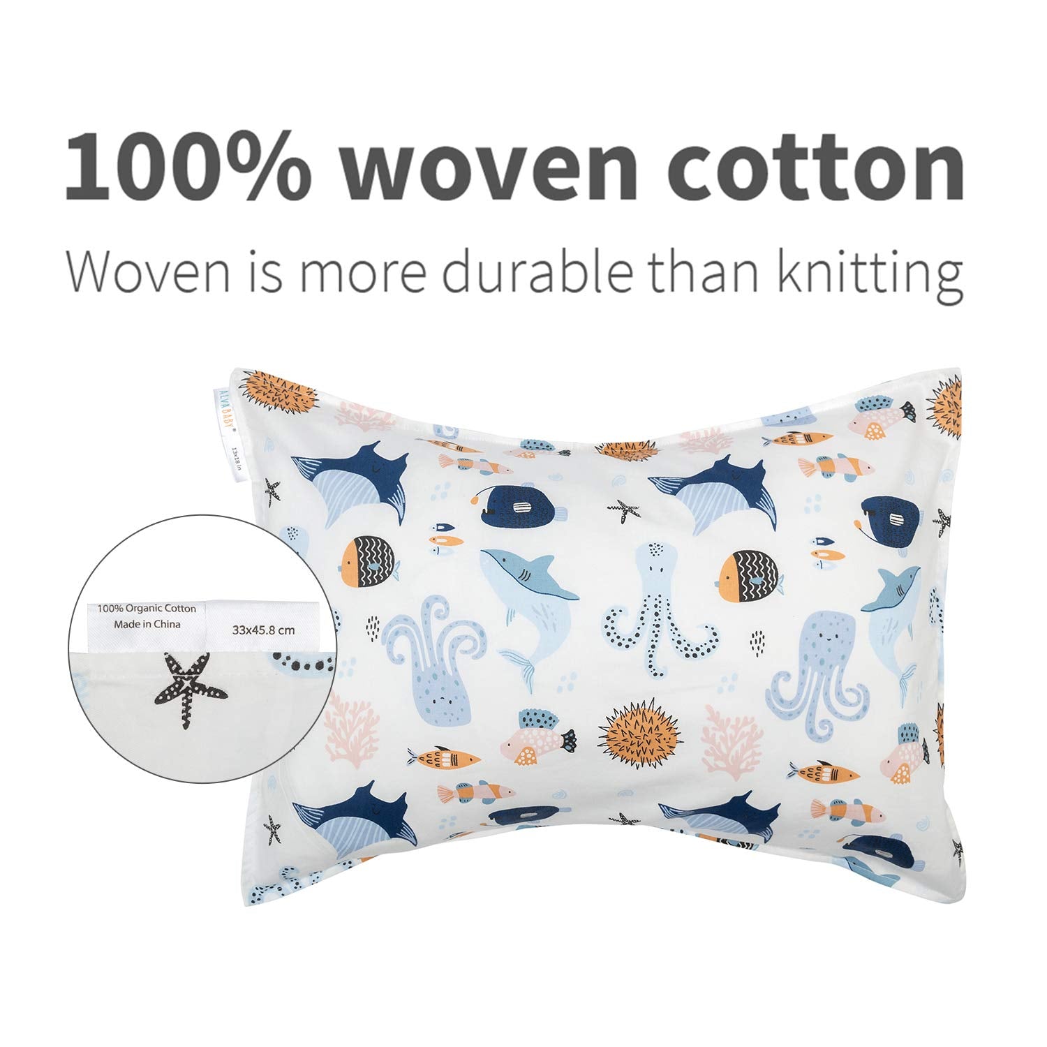 ALVABABY Toddler Pillowcases, Fits 14x20 in Kids Pillow, 2 Pack Organic Cotton Baby Pillow Cover