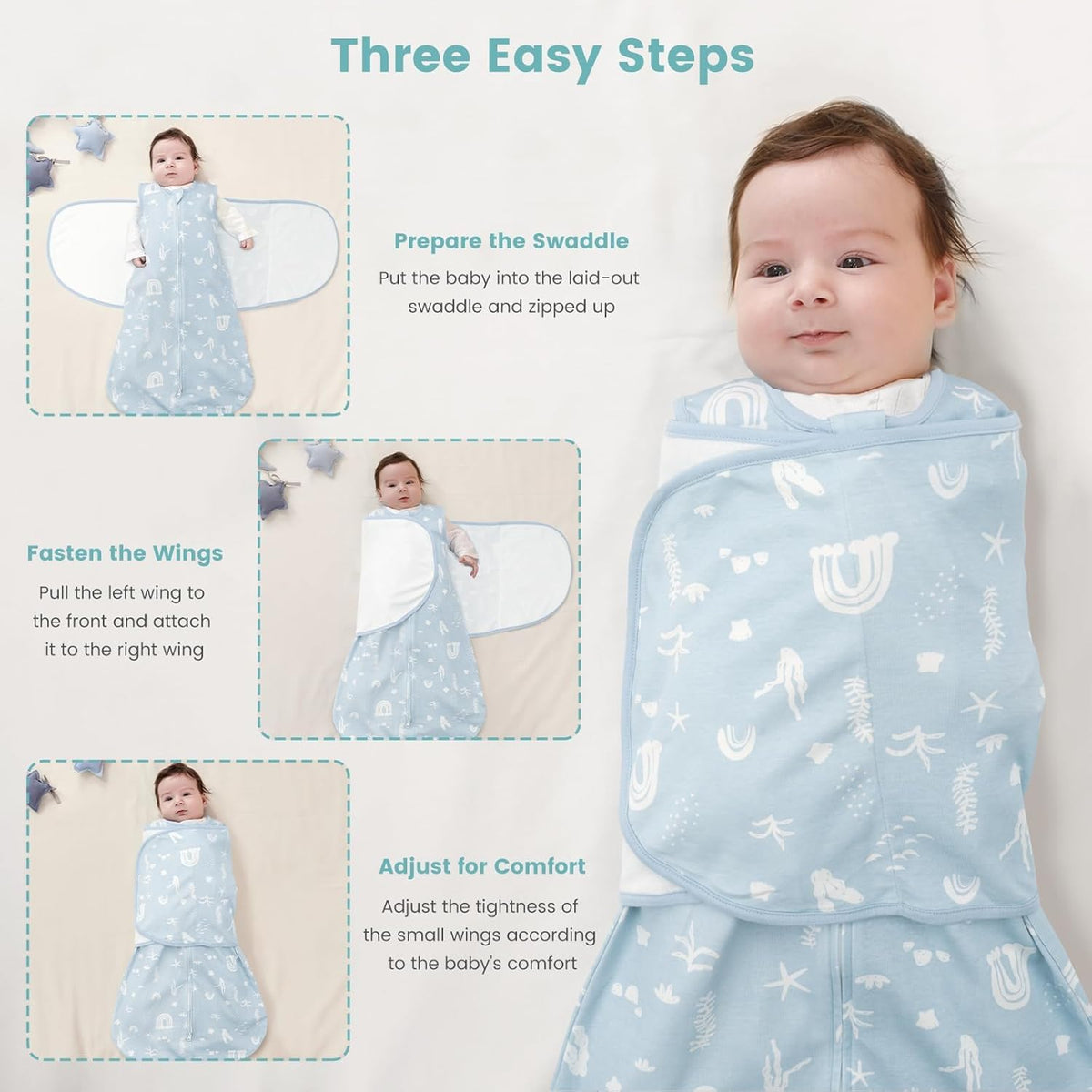 Baby Swaddle Sleep Sack 1.0 Tog 3-in-1 Cotton Baby Swaddle Blanket Wrap for Newborns 6-12 Months
