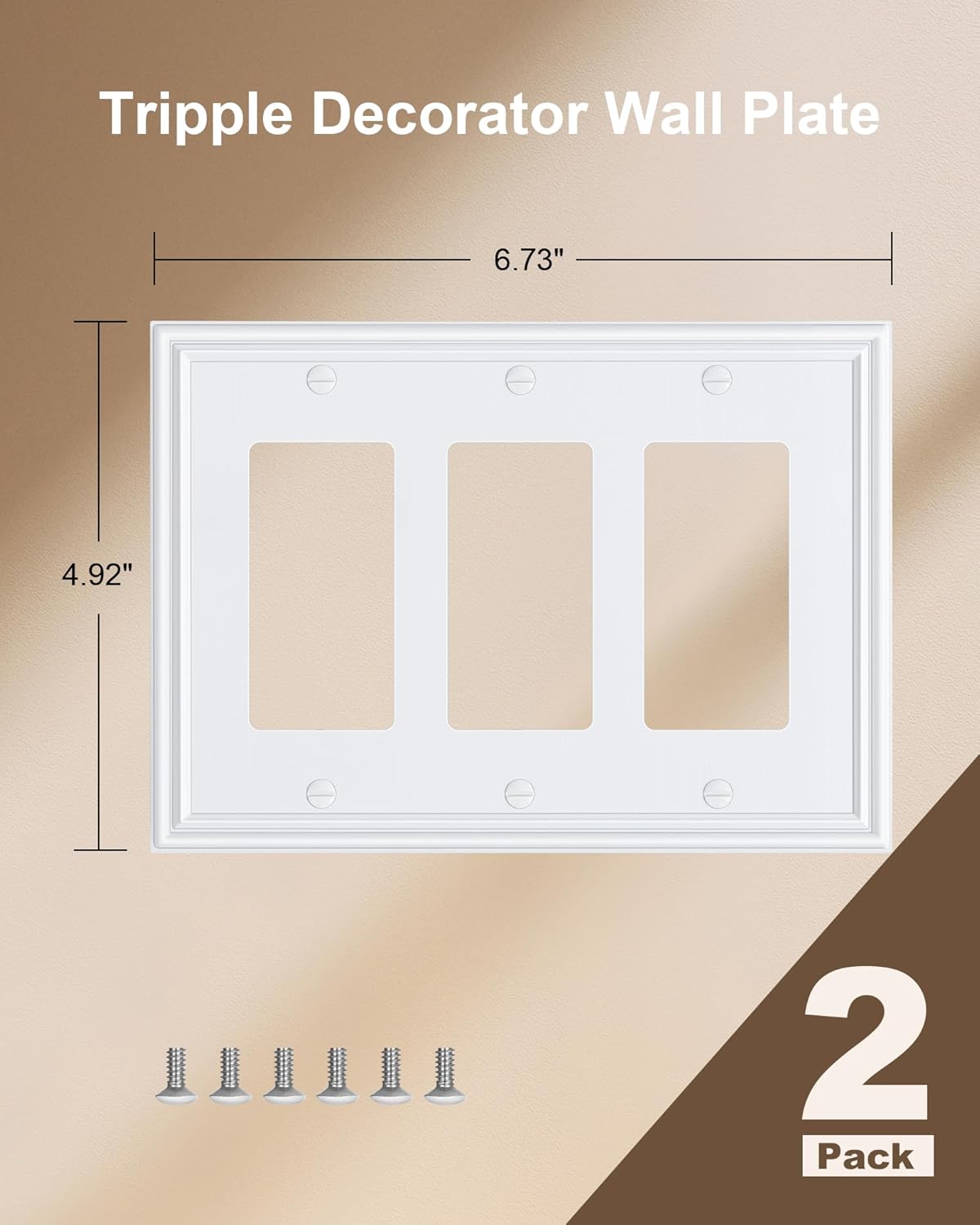 2-Pack Decorative Tripple Decorator Outlet Cover Plate, Durable Zinc Alloy Pure White Wall Plates