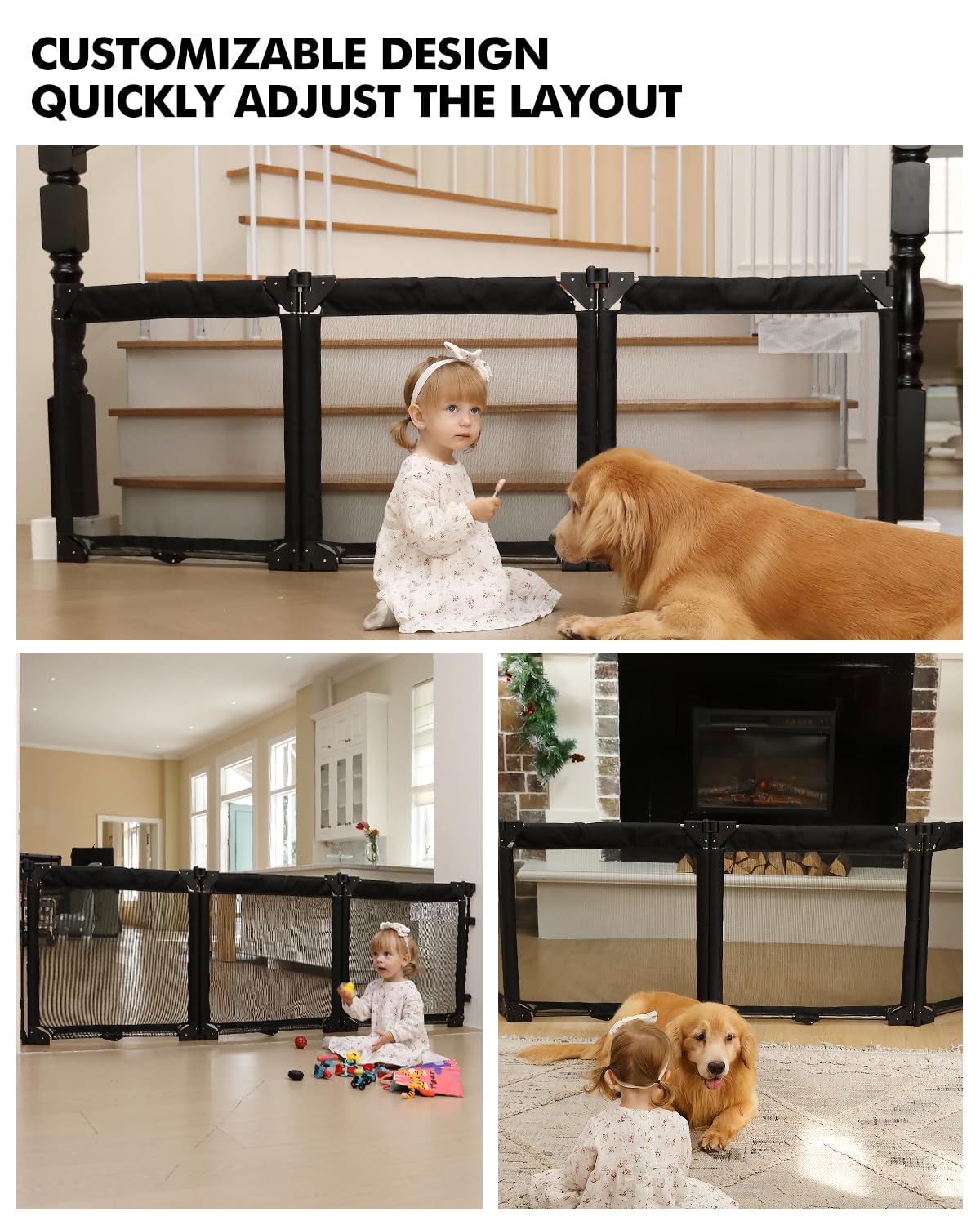 Extra Wide Baby Gate Playpen with Heat-Resistant Mesh,3 Panel Foldable Baby Fence,Indoor/Outdoor