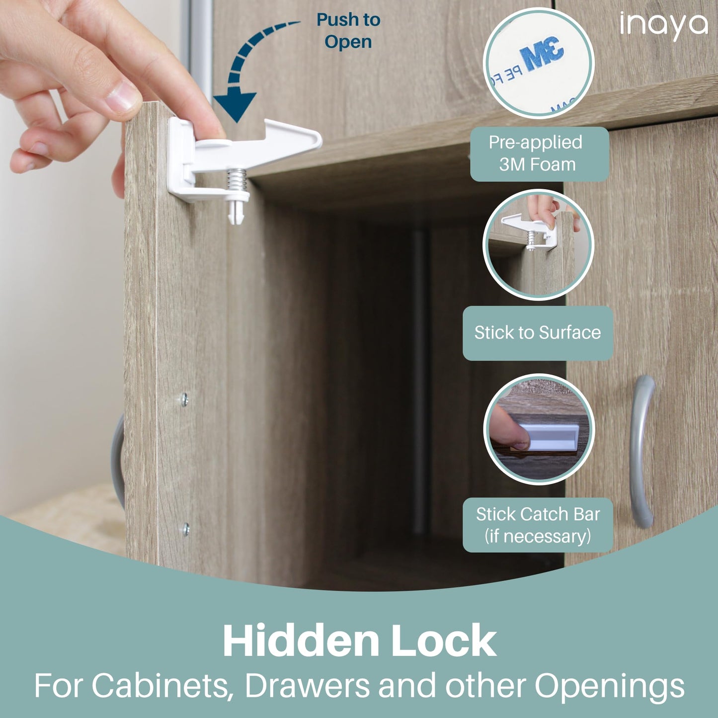 Inaya Complete Baby Proofing Kit - Child Safety Hidden Locks for Cabinets & Drawers, Adjustable
