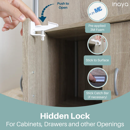 Inaya Complete Baby Proofing Kit - Child Safety Hidden Locks for Cabinets & Drawers, Adjustable