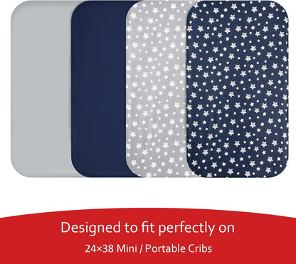 Mini Portable Crib Sheets for Boys (38" X 24") 4 Pack, Compatible with Dream on Me, Delta Porta