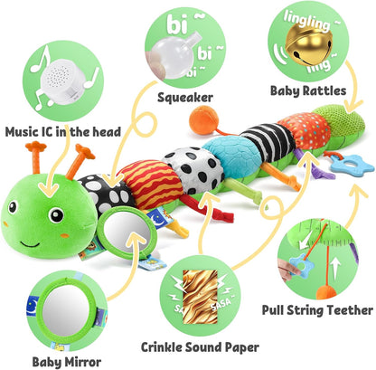 LIGHTDESIRE Baby Toys Musical Caterpillar,Infant Toys Stuffed Animals with Ruler Design,Mirror,Pull